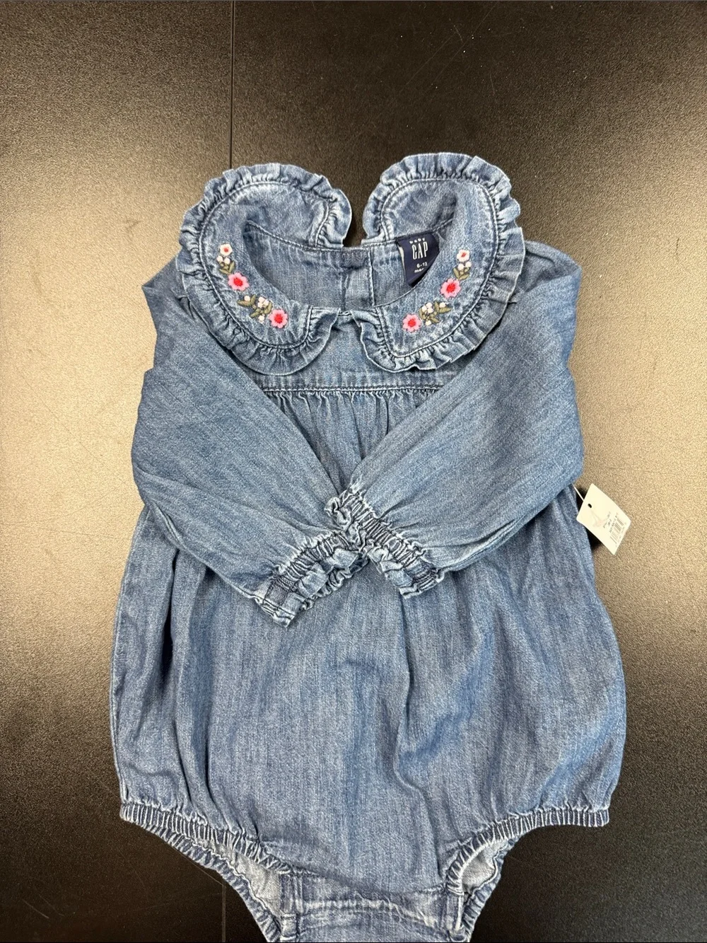 GAP Denim Blue Long-Sleeve Baby One-Piece Bodysuit with Floral Collar